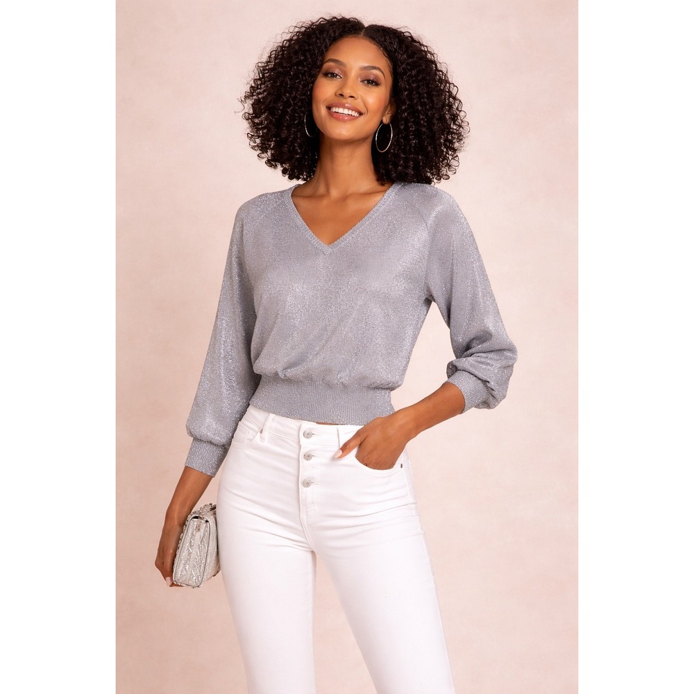 Vintage Silver Metallic Knit Top V Neck Lightweight Sparkle Blouse L Y2K Party